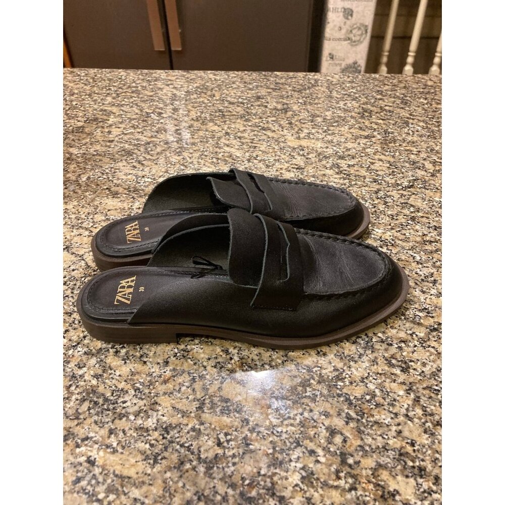 Zara Black Leather Backless Penny Loafers